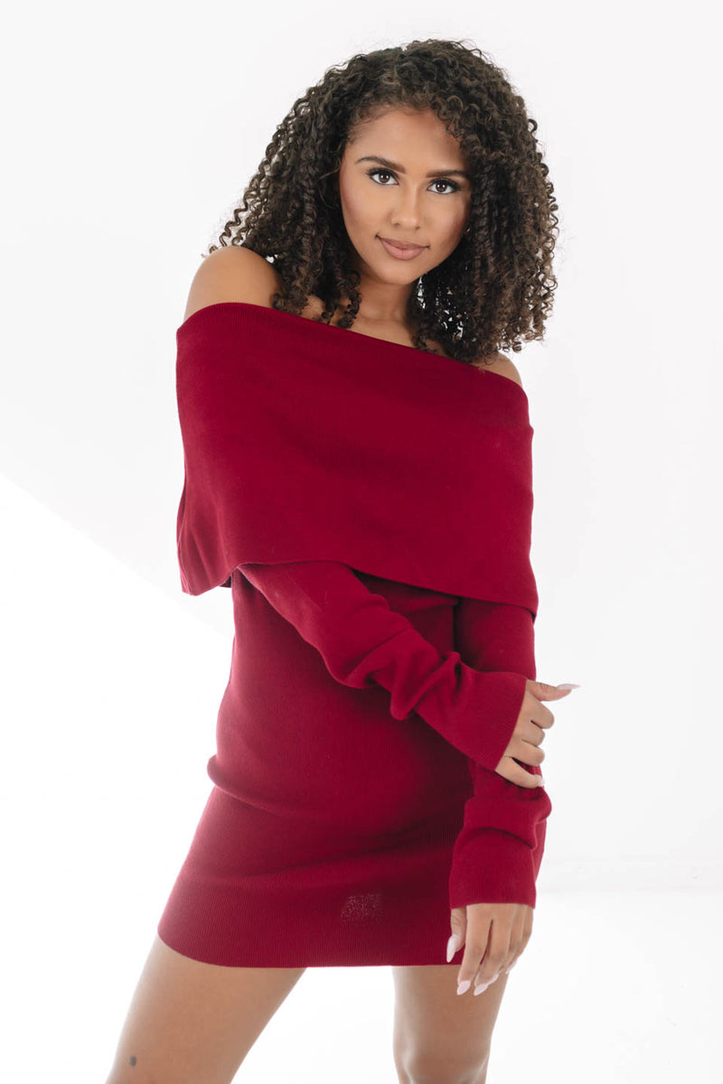 off the shoulder red sweater dress Knit Mini burgundy wraps you in elegance Women'S Fall Off Shoulder Bodycon