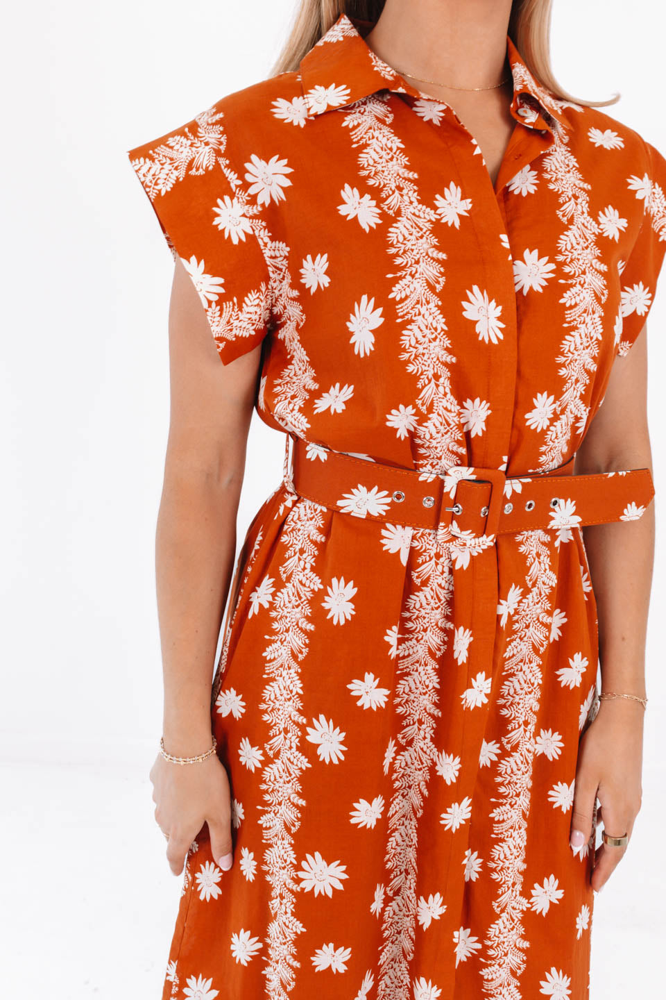 The Aubrey Belted Button Up Midi Dress - Burnt Orange The Impeccable Pig The Aubrey Belted Button Up Midi Dress - Burnt Orange The Impeccable Pig